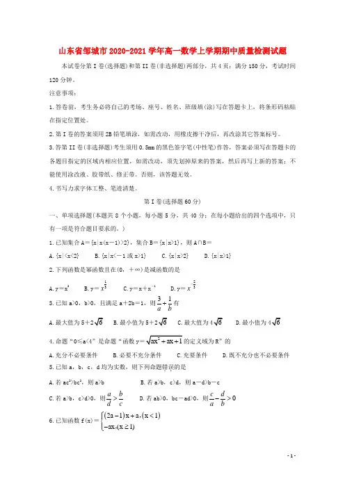 山东省邹城市2020_2021学年高一数学上学期期中质量检测试题