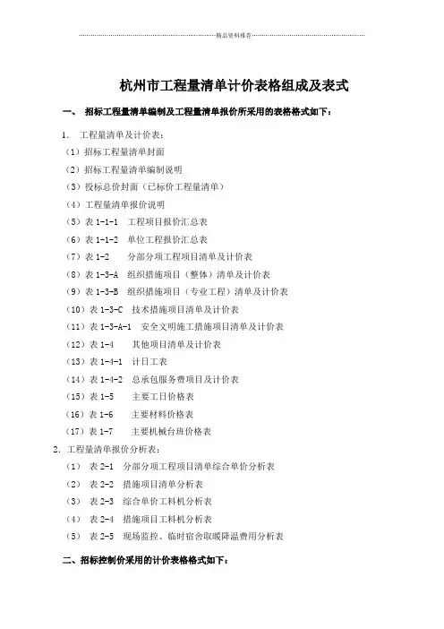 杭州市工程量13清单计价表格组成及表式