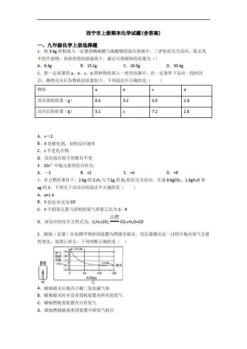 西宁市初三化学上册期末化学试题(含答案)