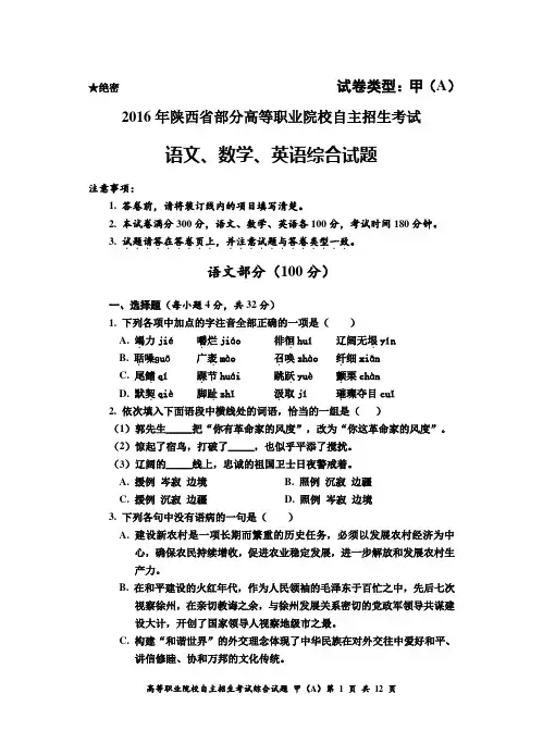 2016年陕西省部分高等职业院校自主招生考试