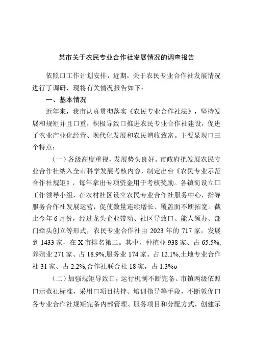 市关于农民专业合作社发展情况的调查报告