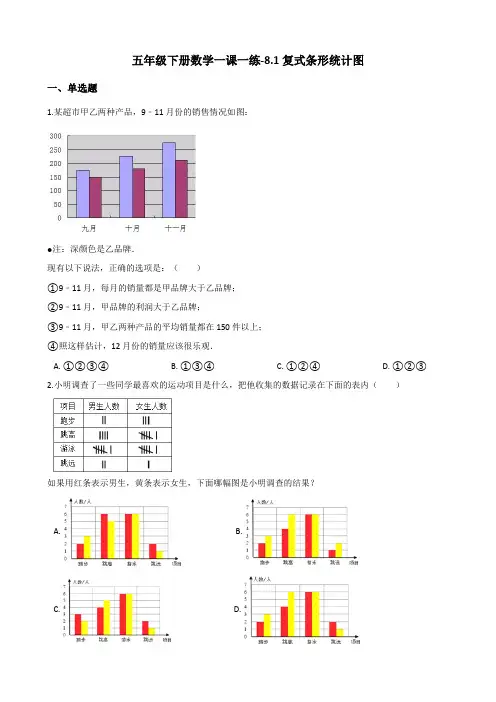 五年级下册数学一课一练-8.1复式条形统计图 北师大版(2014秋)(含答案)