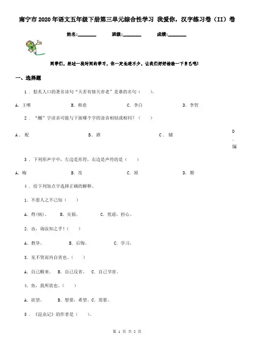 南宁市2020年语文五年级下册第三单元综合性学习 我爱你,汉字练习卷(II)卷