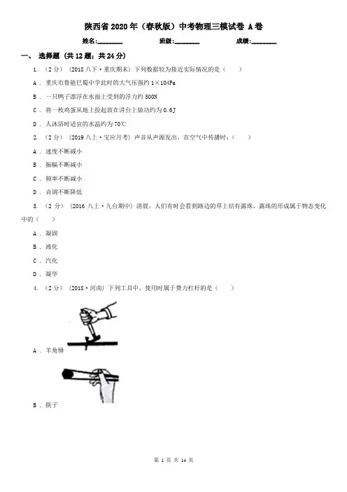 陕西省2020年(春秋版)中考物理三模试卷 A卷