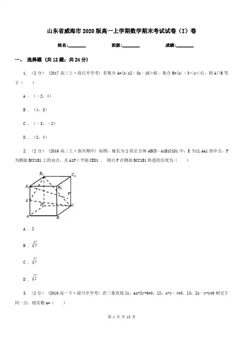 山东省威海市2020版高一上学期数学期末考试试卷(I)卷