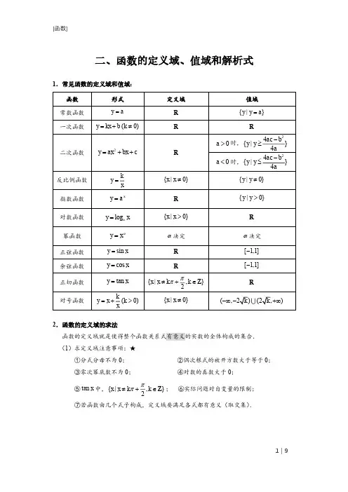 求函数定义域、值域、对应关系(知识点+例题)pdf版