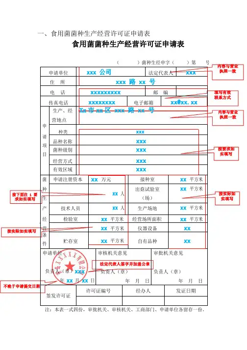 食用菌菌种生产经营许可证申请表示例样表