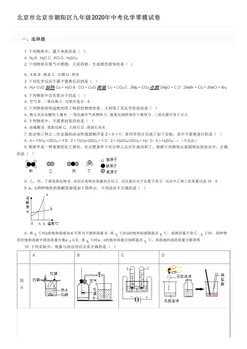北京市北京市朝阳区九年级2020年中考化学零模试卷及参考答案