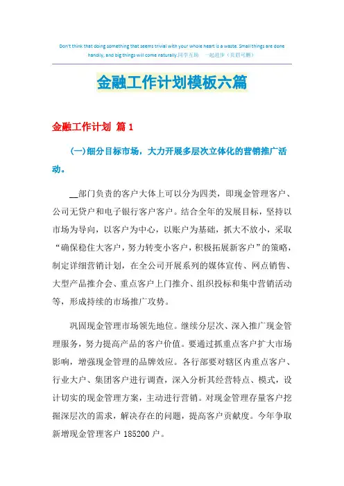 2021年金融工作计划模板六篇