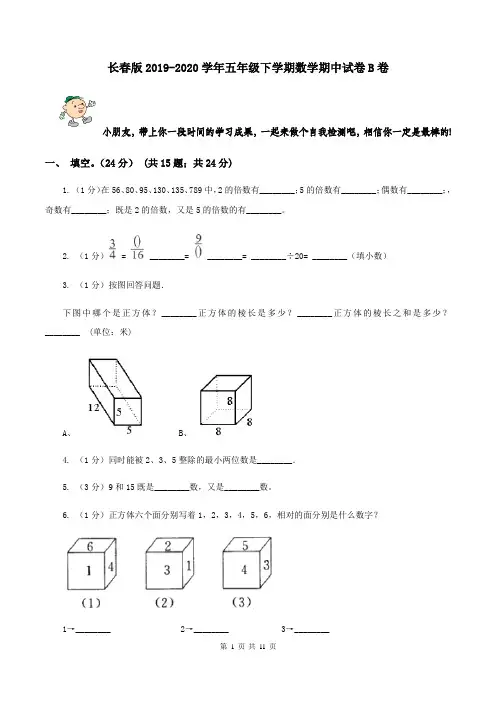 长春版2019-2020学年五年级下学期数学期中试卷B卷