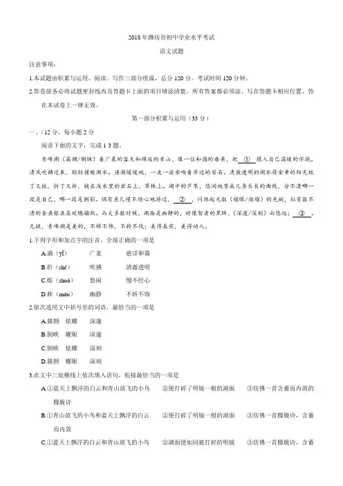 2018年山东省潍坊市中考语文试题(含答案)