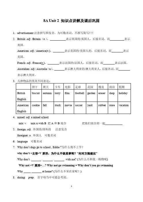 译林苏教版英语 8A Unit2 知识点讲解及课后巩固