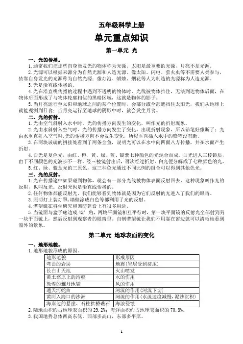 小学科学教科版五年级上册单元重点知识整理(分单元编排)(2022秋)