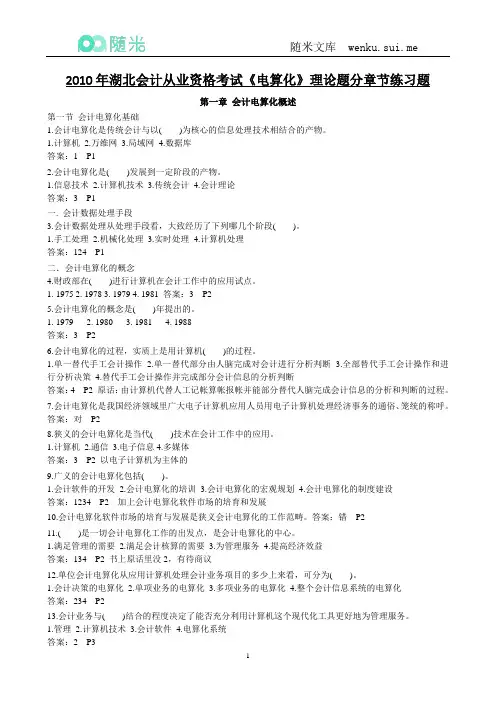 电算化2010年湖北会计从业资格考试理论题分章节练习题