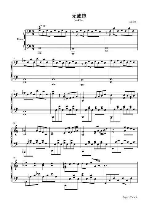钢琴谱 无滤镜-林俊杰藤原浩跨界合作时尚单曲 五线谱_共4张(全)