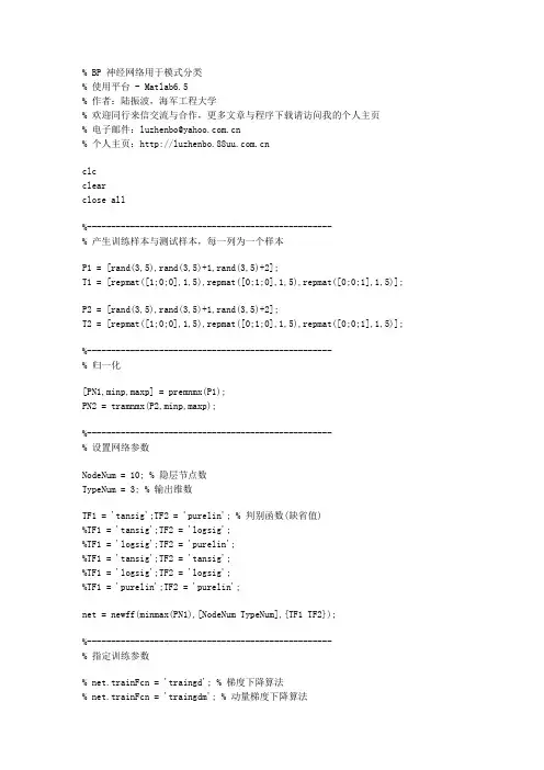 BP神经网络用于函数拟合与模式识别的Matlab示例程序