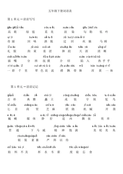 人教版五年级语文下册词语表.docx