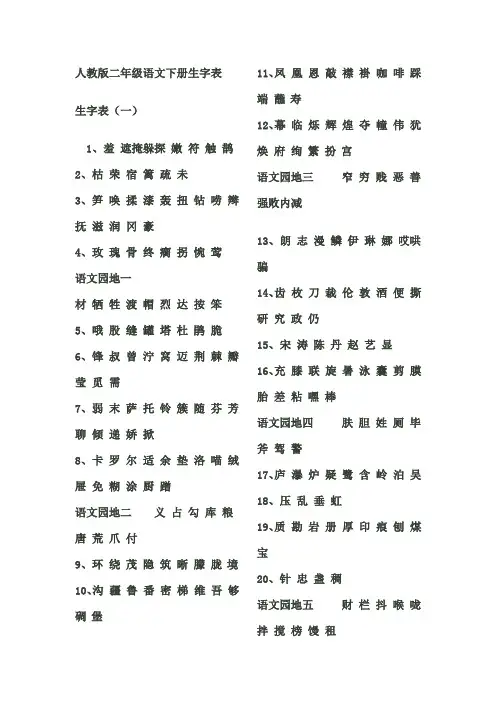 人教版二年级语文下册生字表