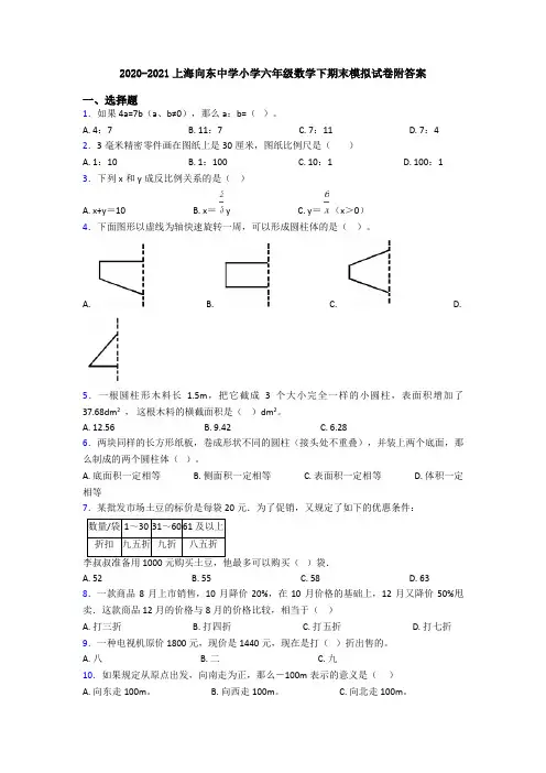 2020-2021上海向东中学小学六年级数学下期末模拟试卷附答案