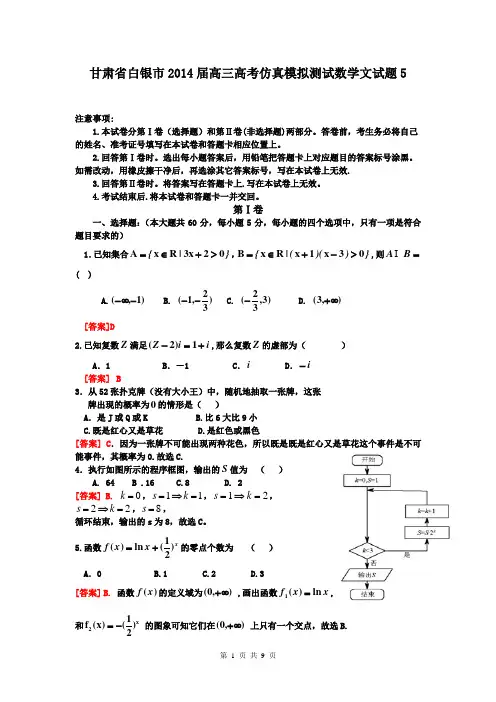 甘肃省白银市2014届高三高考仿真模拟测试数学文试题5