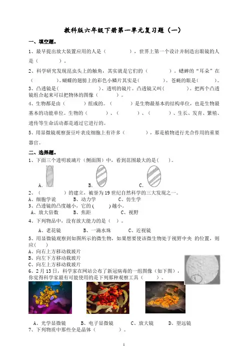 六年级下册科学试题-第一单元复习题(一)教科版(含答案)
