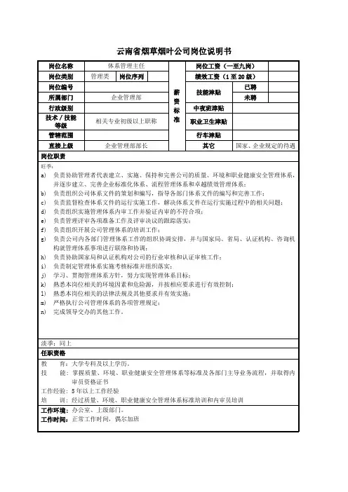 云南省烟草烟叶公司岗位说明书范例 (2)