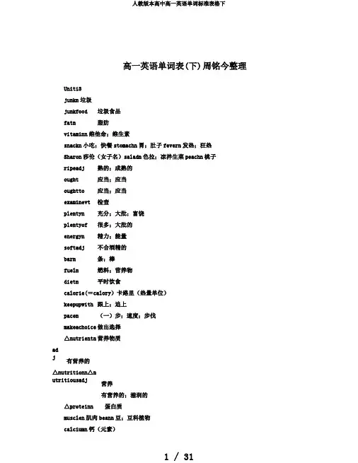 人教版本高中高一英语单词标准表格下