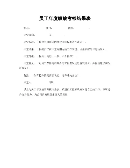 员工年度绩效考核结果表