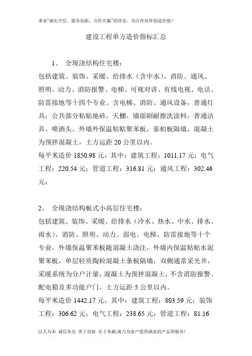 建设工程单方造价指标汇总