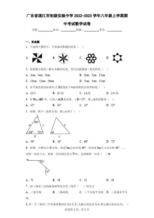 广东省湛江市初级实验中学2022-2023学年八年级上学期期中考试数学试卷