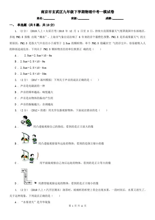 南京市玄武区九年级下学期物理中考一模试卷