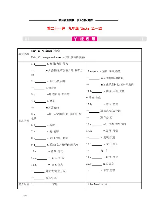  中考英语总复习第一部分考点知识过关第二十一讲九全Units11-12梳理人教新目标版