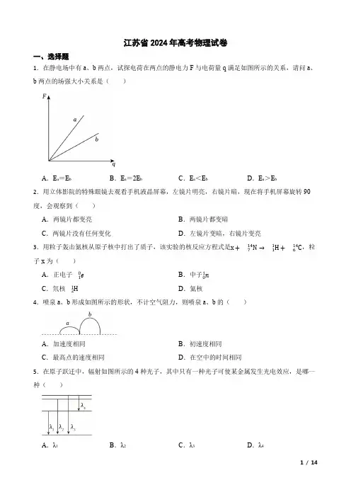 江苏省2024年高考物理试卷(附答案解析)