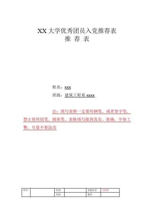 优秀团员作党员的发展对象推荐表-模版