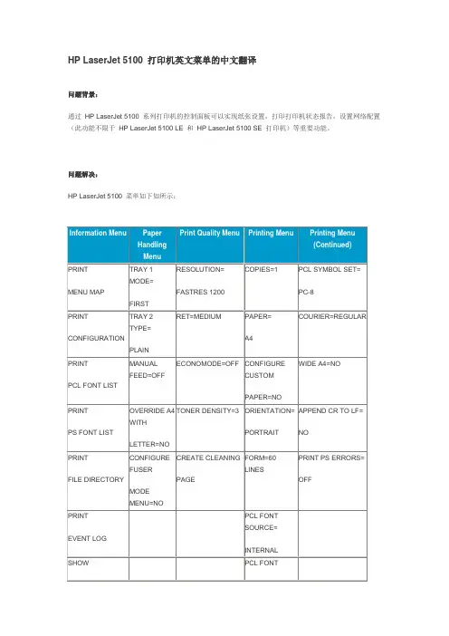 HP LaserJet 5100 打印机英文菜单的中文翻译