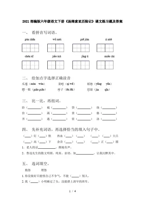 2021部编版六年级语文下册《汤姆索亚历险记》课文练习题及答案