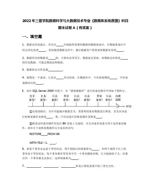 2022年三亚学院数据科学与大数据技术专业《数据库系统原理》科目期末试卷A(有答案)