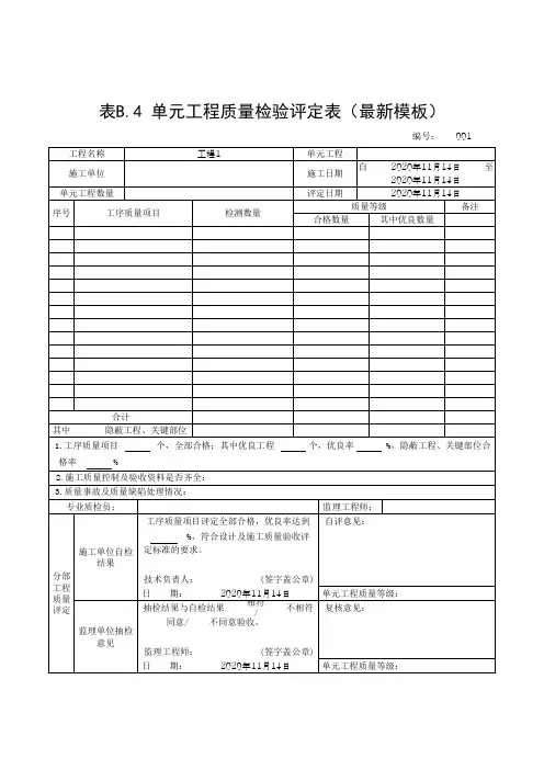 单元工程质量检验评定表(最新模板)