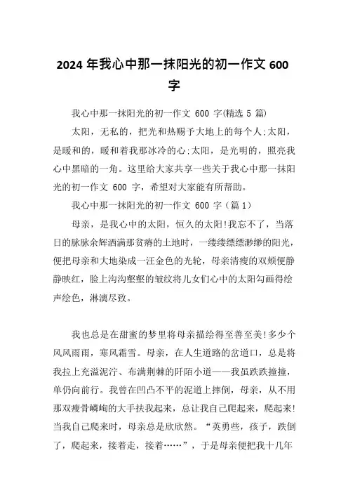 2024年我心中那一抹阳光的初一作文600字