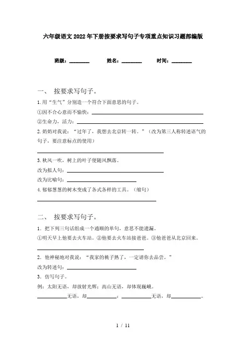 六年级语文2022年下册按要求写句子专项重点知识习题部编版