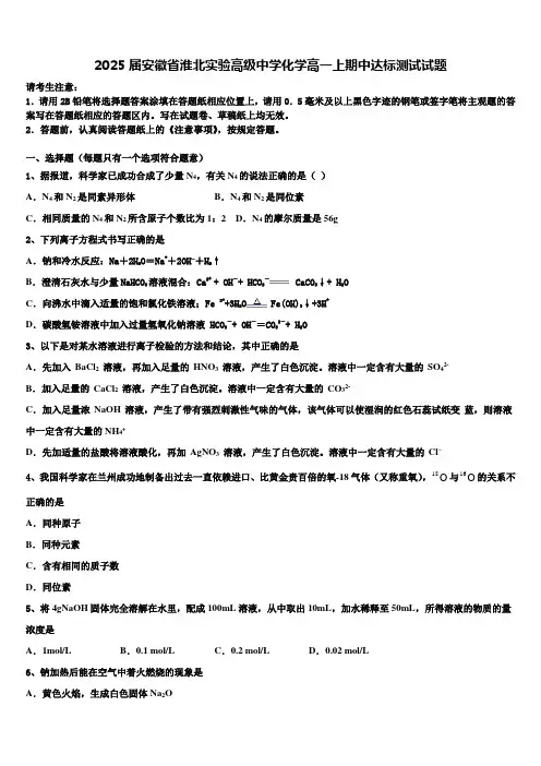 2025届安徽省淮北实验高级中学化学高一上期中达标测试试题含解析