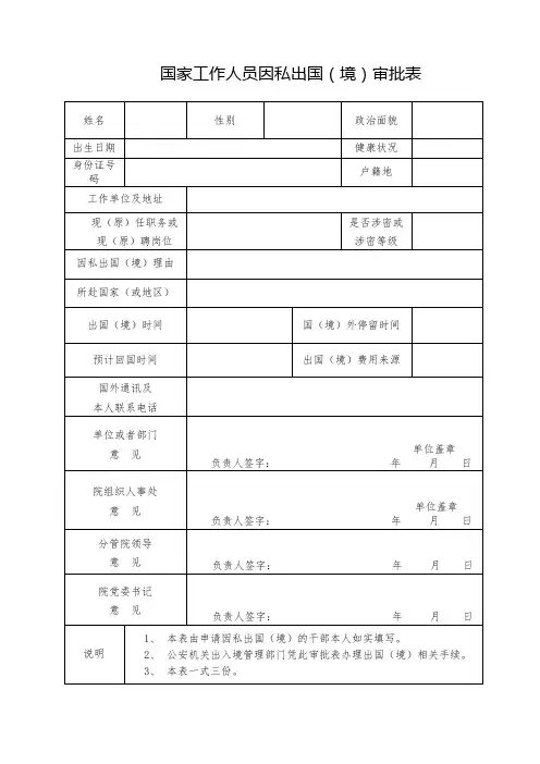国家工作人员因私出国境审批表