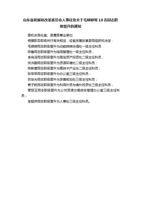 山东省发展和改革委员会人事任免关于毛婷婷等10名同志职级晋升的通知