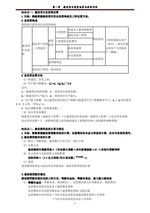 第1章 建设项目投资估算与财务评价 知识点