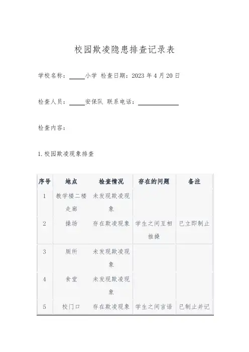 校园欺凌隐患排查记录表台账范例