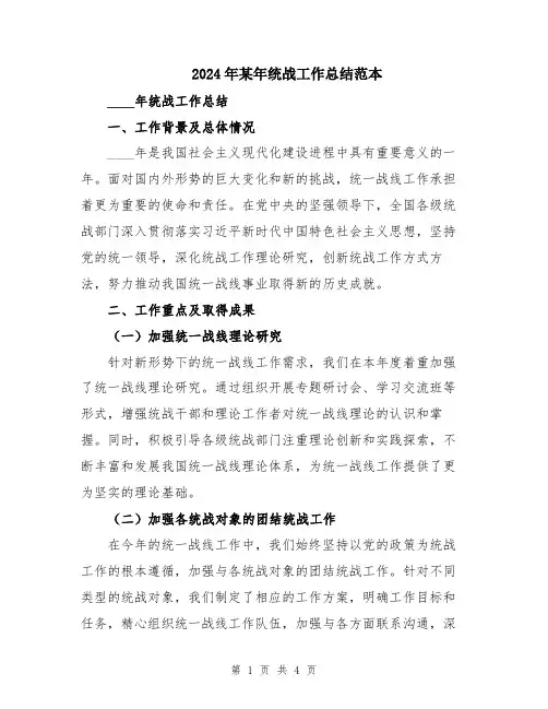 2024年某年统战工作总结范本