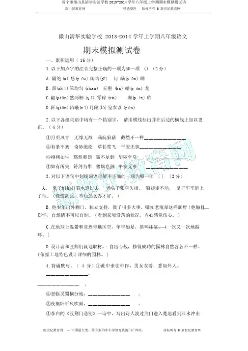 济宁市微山县清华实验学校2013-2014学年八年级上学期期末模拟测试语