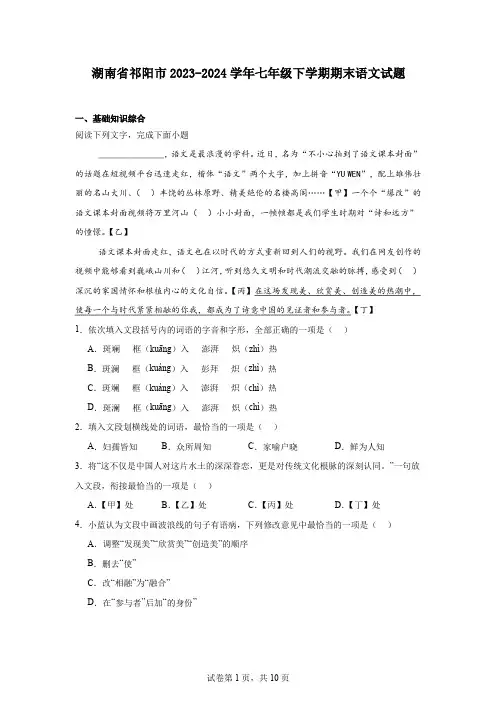 湖南省祁阳市2023-2024学年七年级下学期期末语文试题