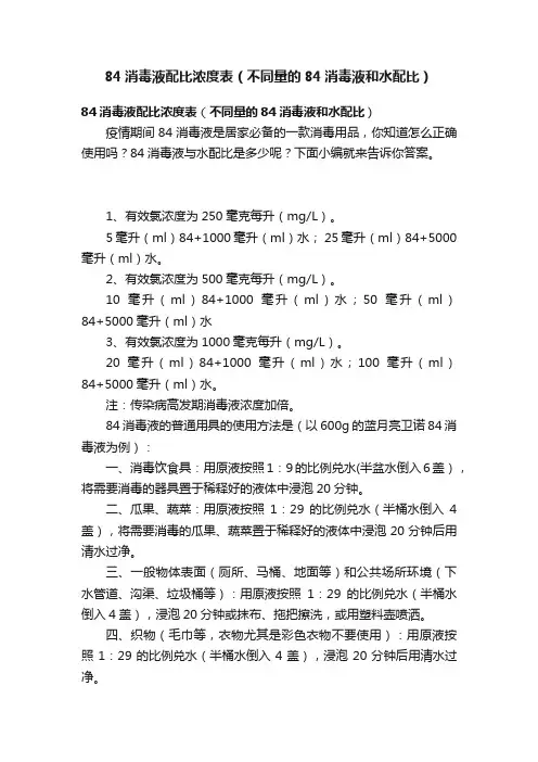 84消毒液配比浓度表（不同量的84消毒液和水配比）