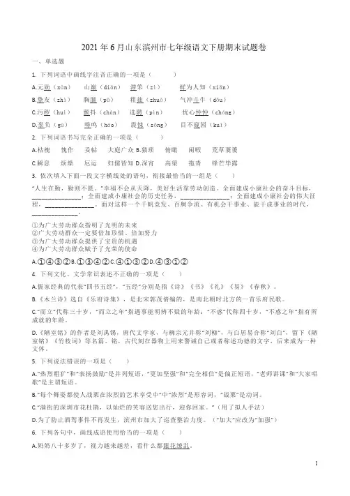 2021年6月山东滨州市七年级语文下册期末试题卷附答案解析